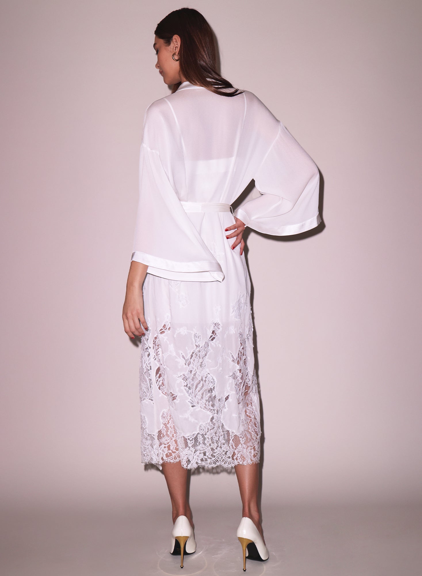 Lace Long Silk Robe Ivory