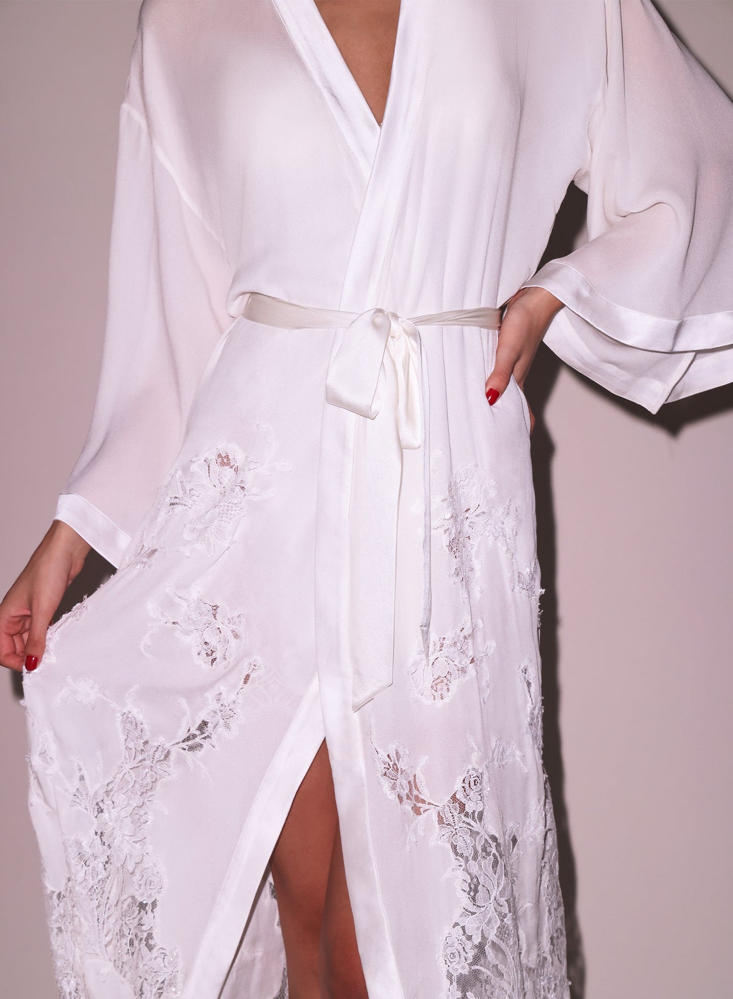 Lace Long Silk Robe Ivory