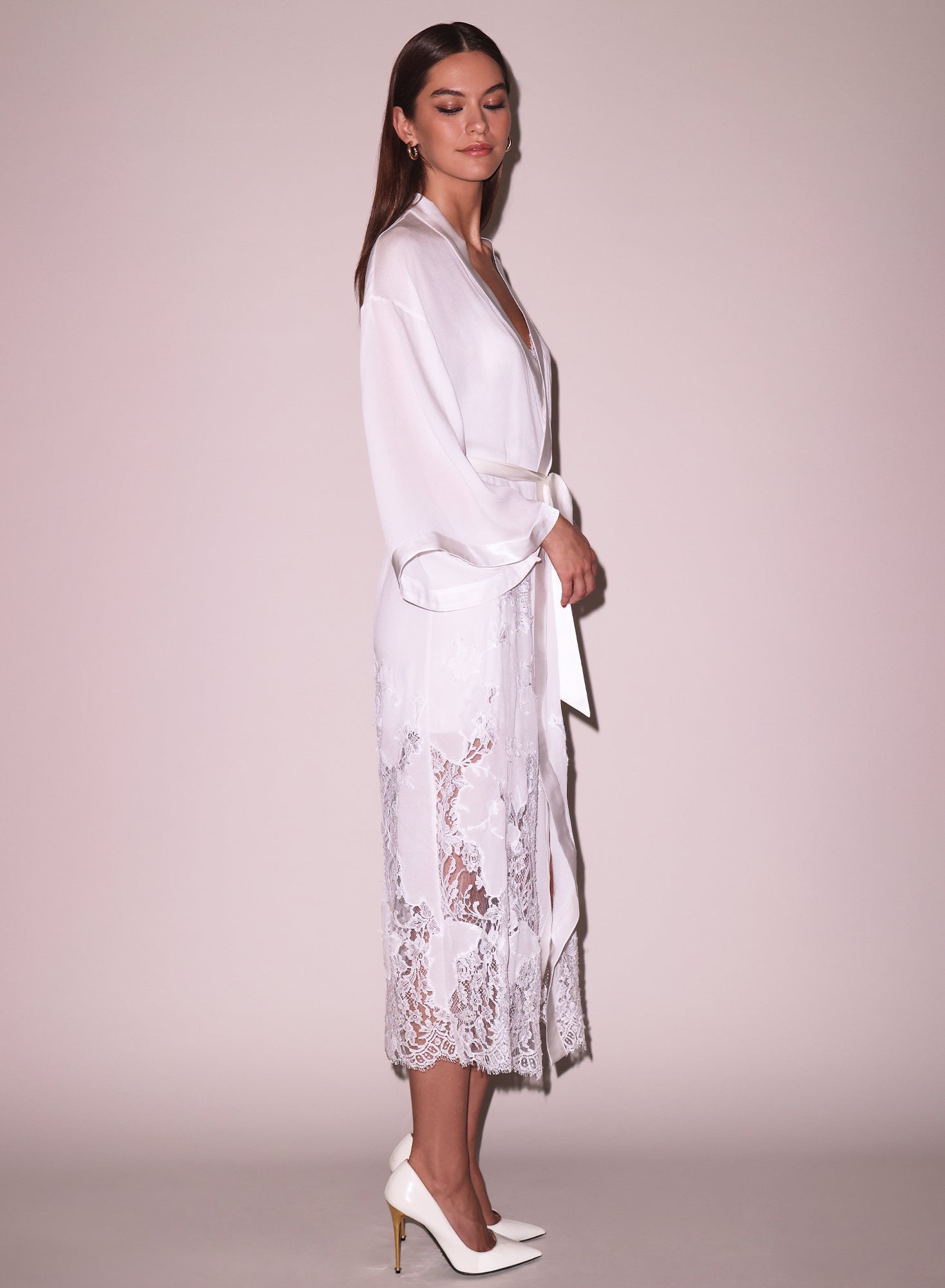 Lace Long Silk Robe Ivory