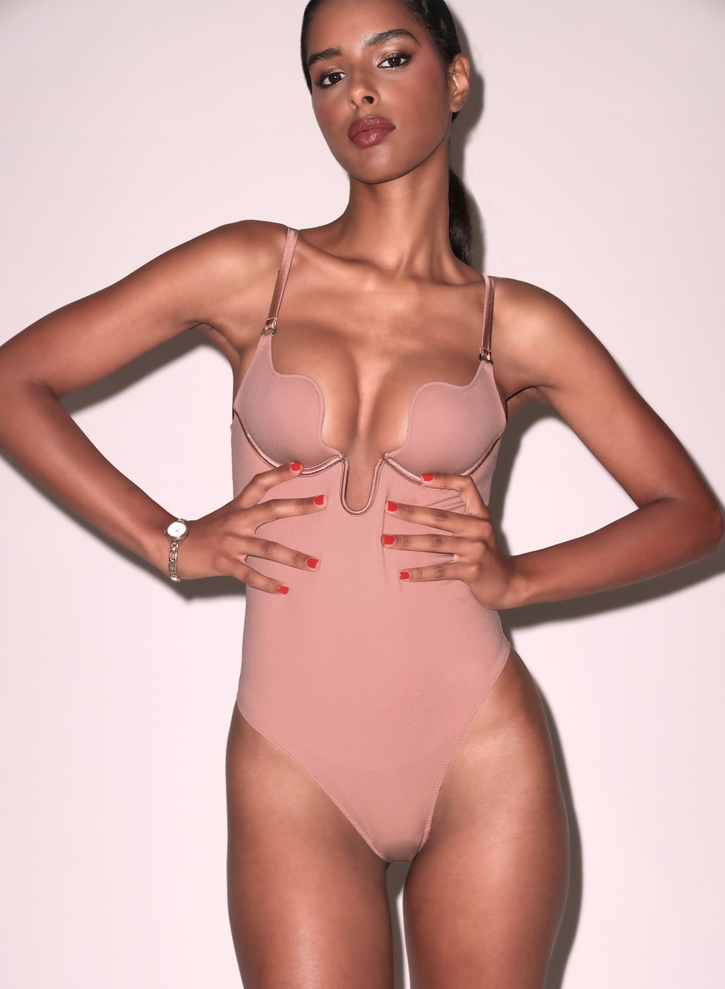 Le Stretch Micro Seduce U-Plunge Bodysuit Tan